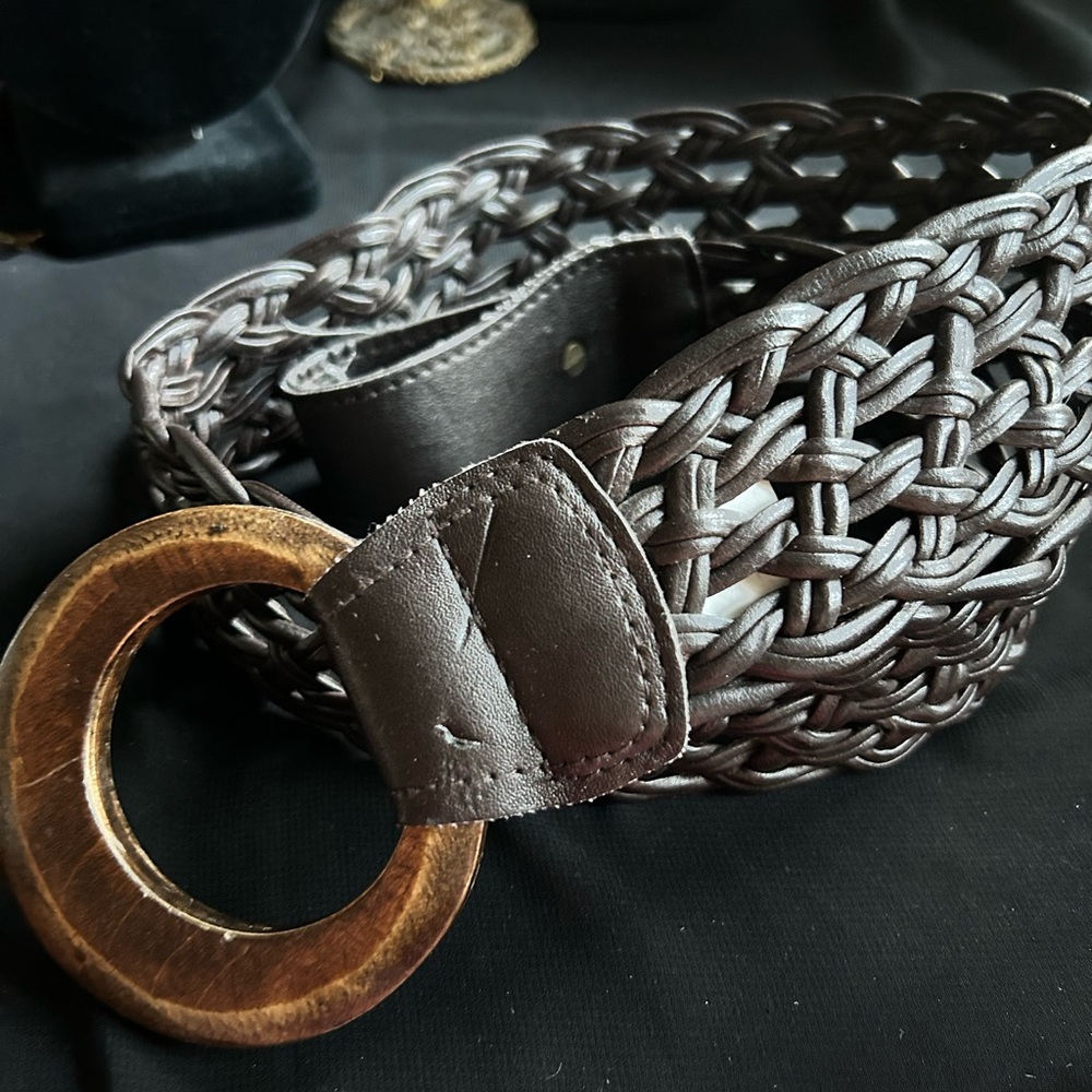 Brown Woven Belt with Wooden Buckle. Size S/M. Measures 40 inches long